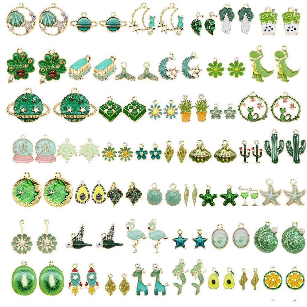 2065 60Pcs 30 Pairs Mixed Enamel Green Theme Charms Pendants for Jewelry